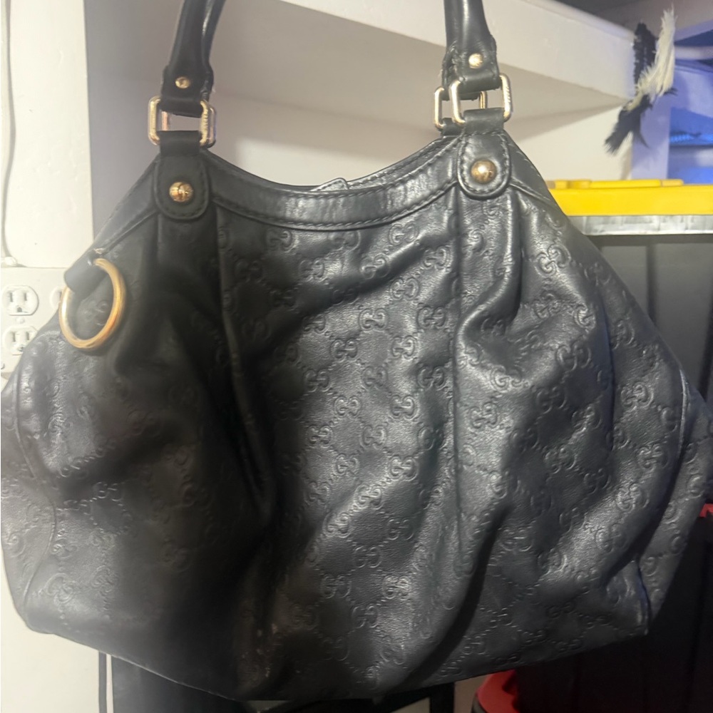 Gucci Black Embossed Leather Shoulder Bag with Gold Hardware